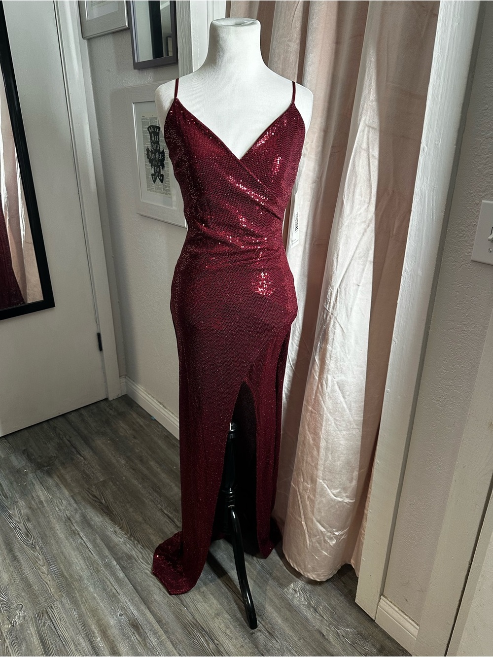 Emerald Sundae Burgundy Sequin Slit Prom Dress